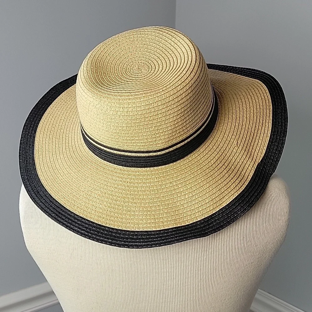 Classic Tan Black Band Trim Summer Vacation Beach Boho Retro Paper‎ Sun Hat OS